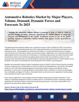 Automotive Robotics Market by Major Players, Volume, Demand, Dynamic Forces and Forecasts To 2025
