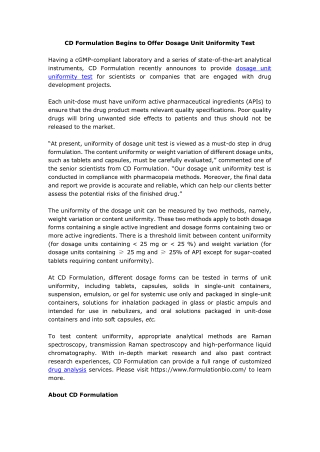 CD Formulation Begins to Offer Dosage Unit Uniformity Test