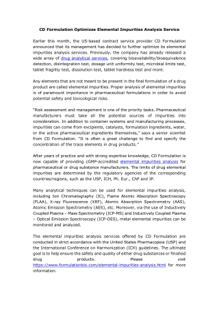 CD Formulation Optimizes Elemental Impurities Analysis Service