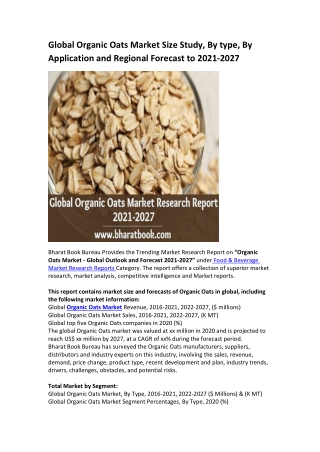 Global Organic Oats Market Research Report 2021-2027