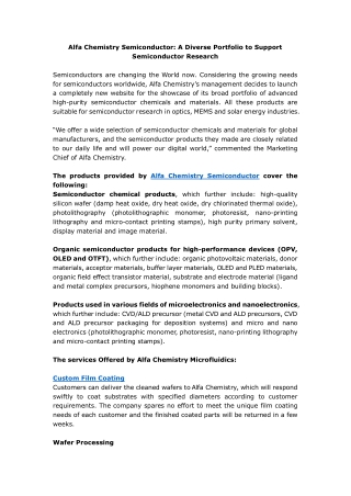 Alfa Chemistry Semiconductor A Diverse Portfolio to Support Semiconductor Research