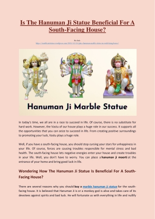 Statue of Hanuman Ji Beneficial For South-Facing House