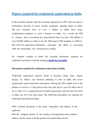 Papers required for trademark registration in India