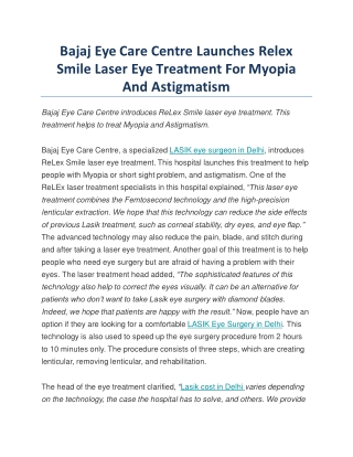 Bajaj Eye Care Centre Launches Relex Smile Laser Eye Treatment For Myopia And Astigmatism