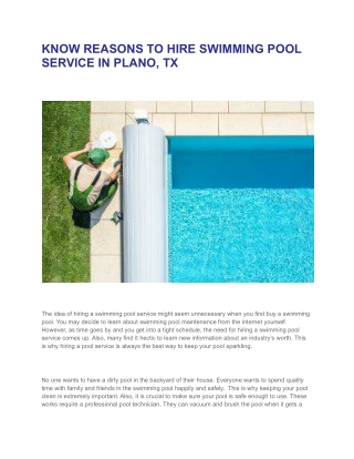 KNOW REASONS TO HIRE SWIMMING POOL SERVICE IN PLANO, TX