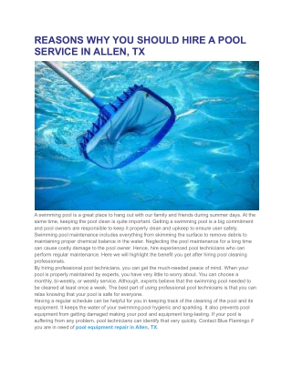 REASONS WHY YOU SHOULD HIRE A POOL SERVICE IN ALLEN, TX