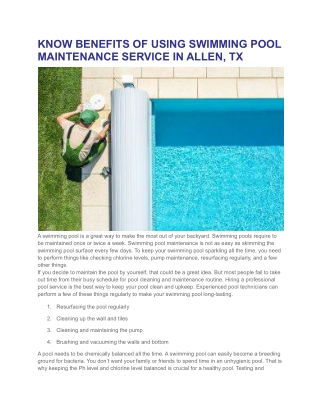 KNOW BENEFITS OF USING SWIMMING POOL MAINTENANCE SERVICE IN ALLEN, TX