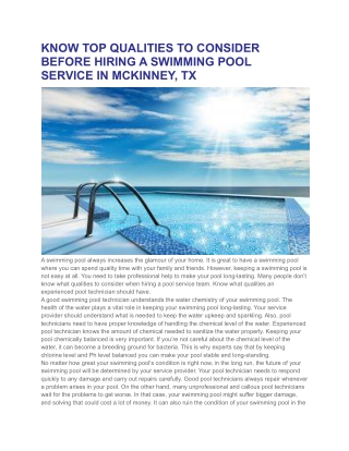 KNOW TOP QUALITIES TO CONSIDER BEFORE HIRING A SWIMMING POOL SERVICE IN MCKINNEY, TX