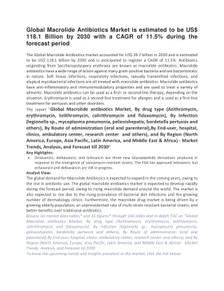 Global Macrolide Antibiotics Market is estimated to be US