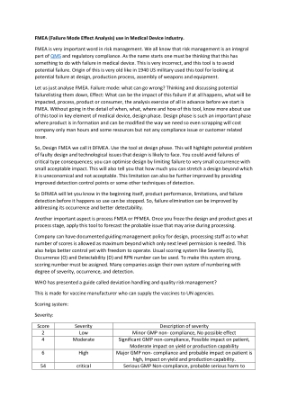 FMEA (Failure Mode Effect Analysis) use in Medical Device industry.