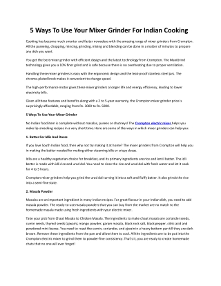 Crompton - 5 Ways To Use Your Mixer Grinder For Indian Cooking - Mixer Grinders