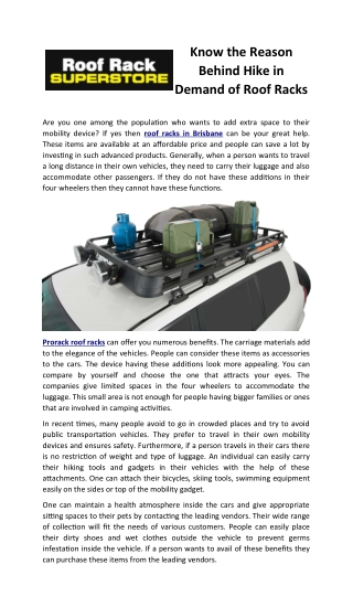 Know the Reason Behind Hike in Demand of Roof Racks