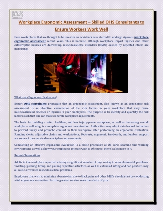Workplace Ergonomic Assessment – Skilled OHS Consultants to Ensure Workers Work Well