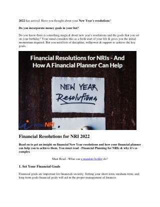 Financial Resolutions for NRI-converted