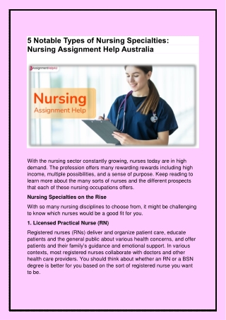 5 Notable Types of Nursing Specialties- Nursing Assignment help Australia