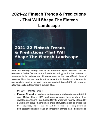 2021-22 Fintech Trends & Predictions - That Will Shape The Fintech Landscape