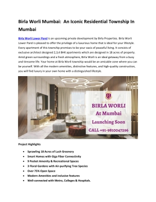 Birla Worli Mumbai - An Residential Landmark To Live BetterLife