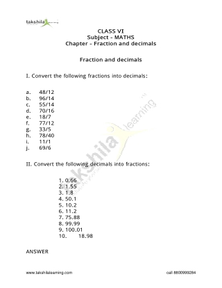 Fraction and Decimals Exercise for Class 6 Maths