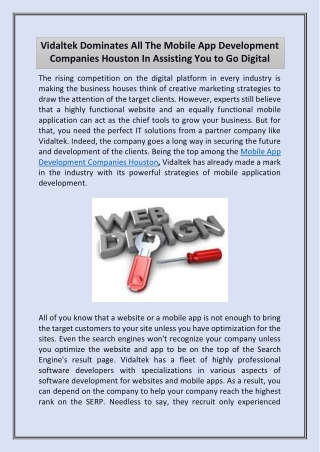 Vidaltek Dominates All The Mobile App Development Companies Houston In Assisting