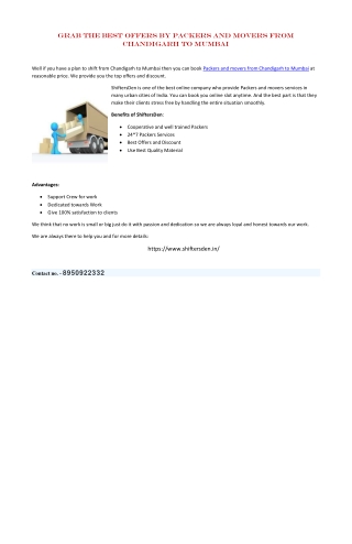 Find Best Packers and Movers Chandigarh to Mumbai