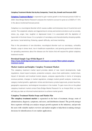 Cataplexy Treatment Market Size by Key Companies, Trend, Size, Growth and Forecasts 2029