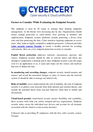 Factors to consider when evaluating the end point security