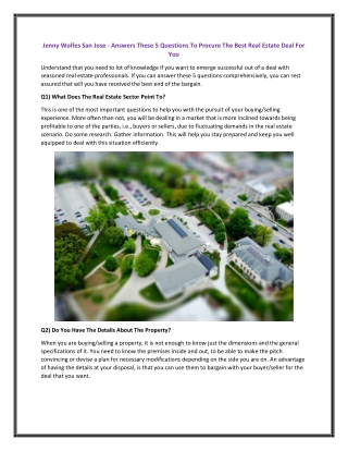 Jenny Wolfes San Jose - Answers These 5 Questions To Procure The Best Real Estate Deal For You
