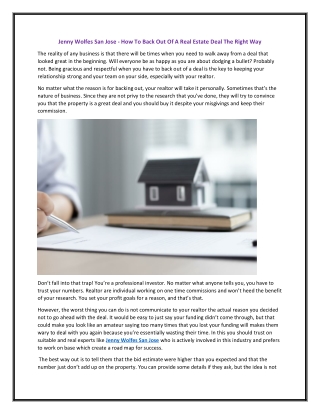 Jenny Wolfes San Jose - How To Back Out Of A Real Estate Deal The Right Way