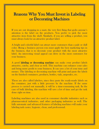 Reasons Why You Must Invest in Labeling or Decorating Machines