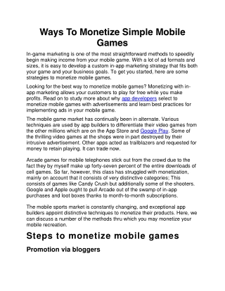 Ways To Monetize Simple Mobile Games