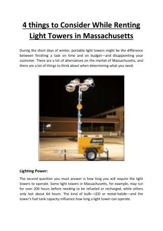 4 things to Consider While Renting Light Towers in Massachusetts