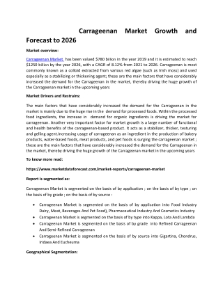 Carrageenan Market Size and Forecast to 2026