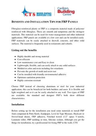 BENEFITS AND INSTALLATION TIPS FOR FRP PANELS