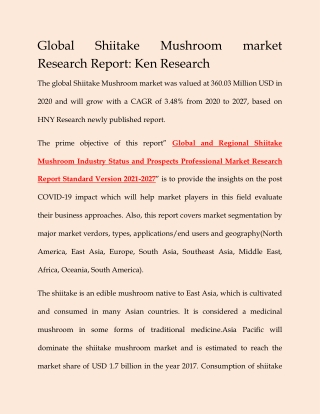 Global Shiitake Mushroom market Research Report : Ken Research