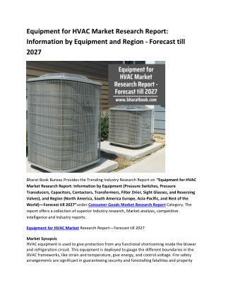 Equipment for HVAC Market Research Report Information by Equipment and Region Forecast till 2027