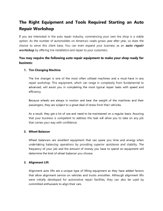 The Right Equipment and Tools Required Starting an Auto Repair Workshop