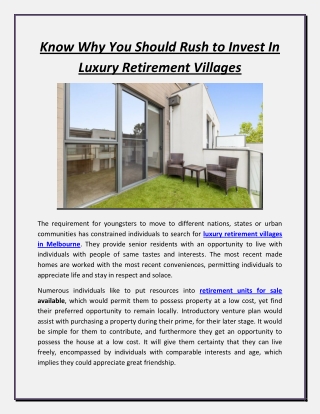 Know Why You Should Rush to Invest In Luxury Retirement Villages