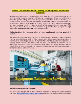 Points To Consider When Looking for Equipment Relocation Services