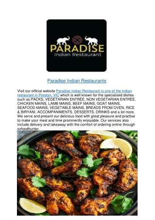 10% off - Paradise Indian Restaurant Menu Preston,VIC