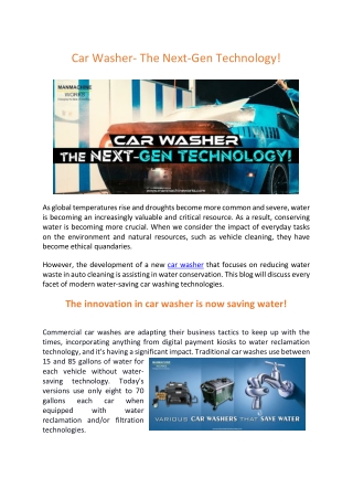 Various car washer is the one that saves water on a big scale