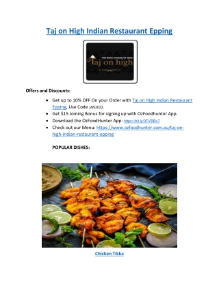 5% Off - Taj On High Epping Indian Restaurant Menu, VIC