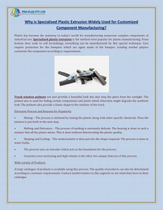 Why is Specialised Plastic Extrusion Widely Used for Customized Component Manufacturing