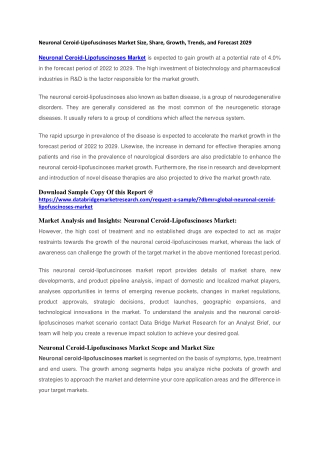 Neuronal Ceroid-Lipofuscinoses Market Size, Share, Growth, Trends, and Forecast 2029