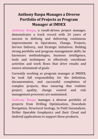 Anthony Raspa Manages a Diverse Portfolio of Projects as Program Manager at IMDEX