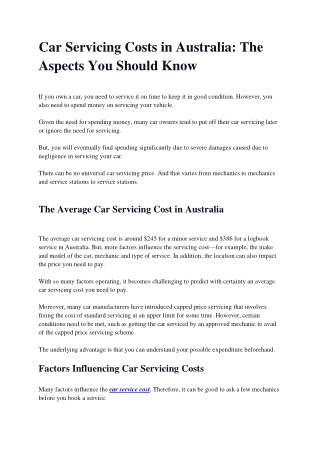 Car Servicing Costs in Australia The Aspects You Should Know