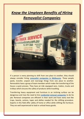 Know the Umpteen Benefits of Hiring Removalist Companies