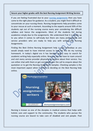 Secure your higher grades with the best Nursing Assignment Writing Service
