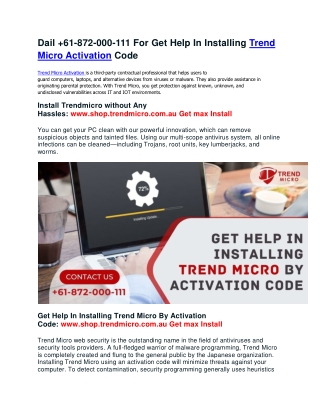 Dail  61-872-000-111 For Get Help In Installing Trend Micro Activation Code