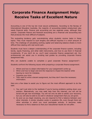 Corporate Finance Assignment Help Receive Tasks of Excellent Nature