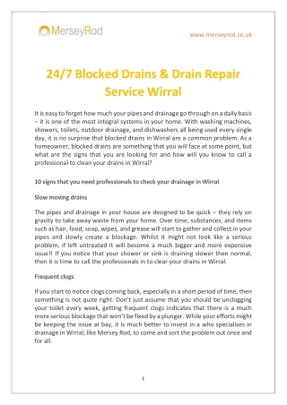 24/7 Blocked Drains & Drain Repair Service Wirral